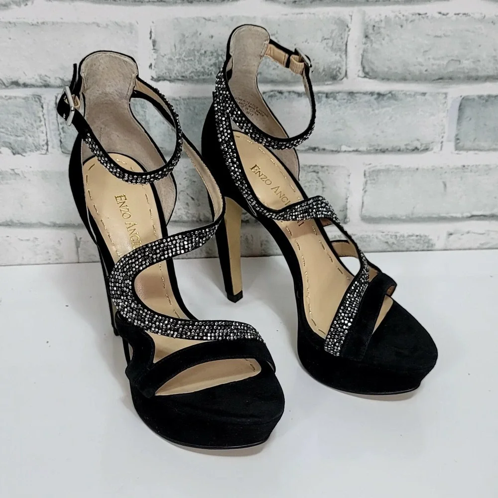 Enzo Angiolini Eataelon Black‎ Suede Rhinestone Heels Leather Upper 6M Glam Luxe